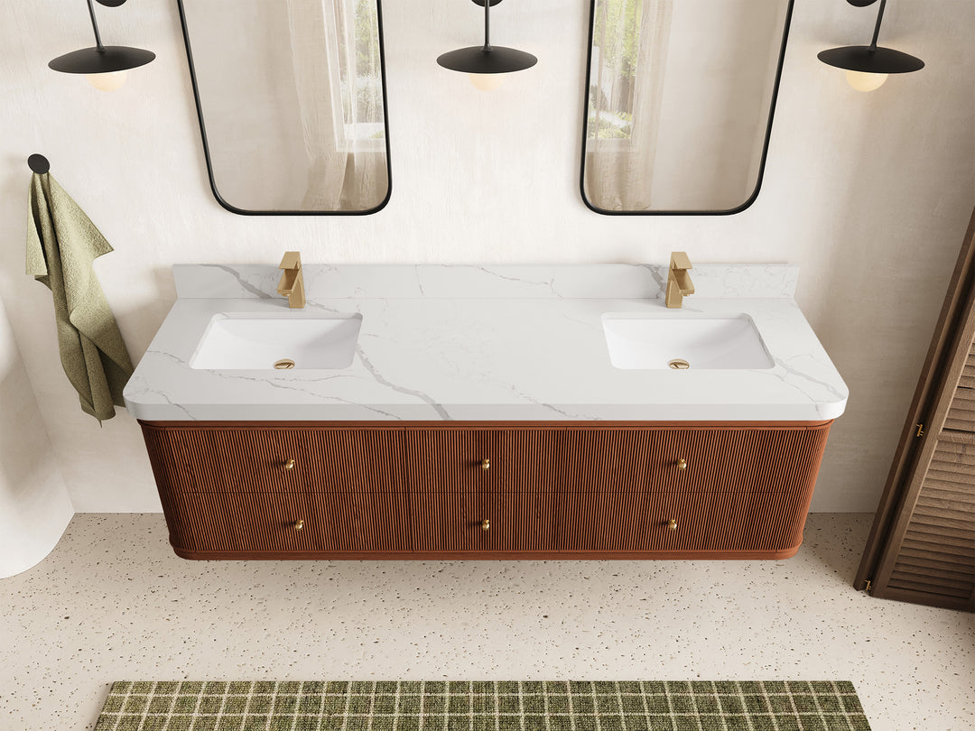 Hampton Floating Teak 72 in. W x 22 in. D Double Sink Bathroom Vanity in Dark Natural with 2 in Calacatta Laza Quartz Countertop - Top View