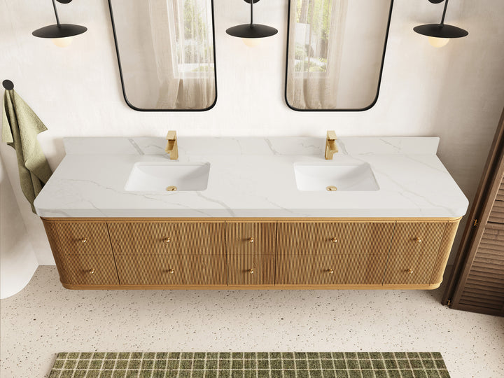 Hampton Floating Teak 84 in. W x 22 in. D Double Sink Bathroom Vanity (Light Natural) - photo 14
