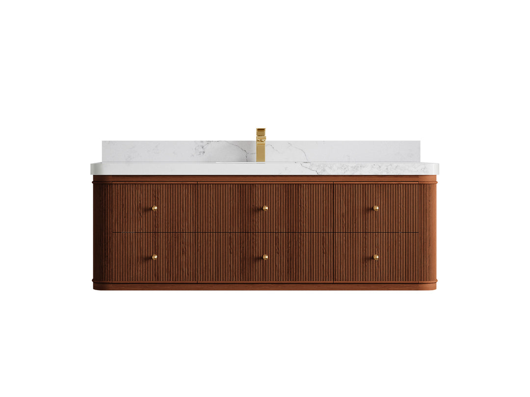 Hampton Floating Teak 60 in. W x 22 in. D Single Sink Bathroom Vanity in Dark Natural with 2 in Calacatta Nuvo Quartz Countertop