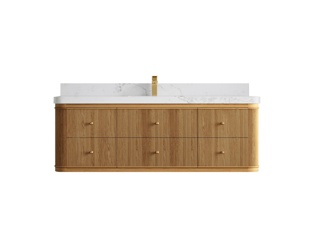 Hampton Floating Teak 60 in. W x 22 in. D Single Sink Bathroom Vanity in Light Natural with 2 in Calacatta Nuvo Quartz Countertop