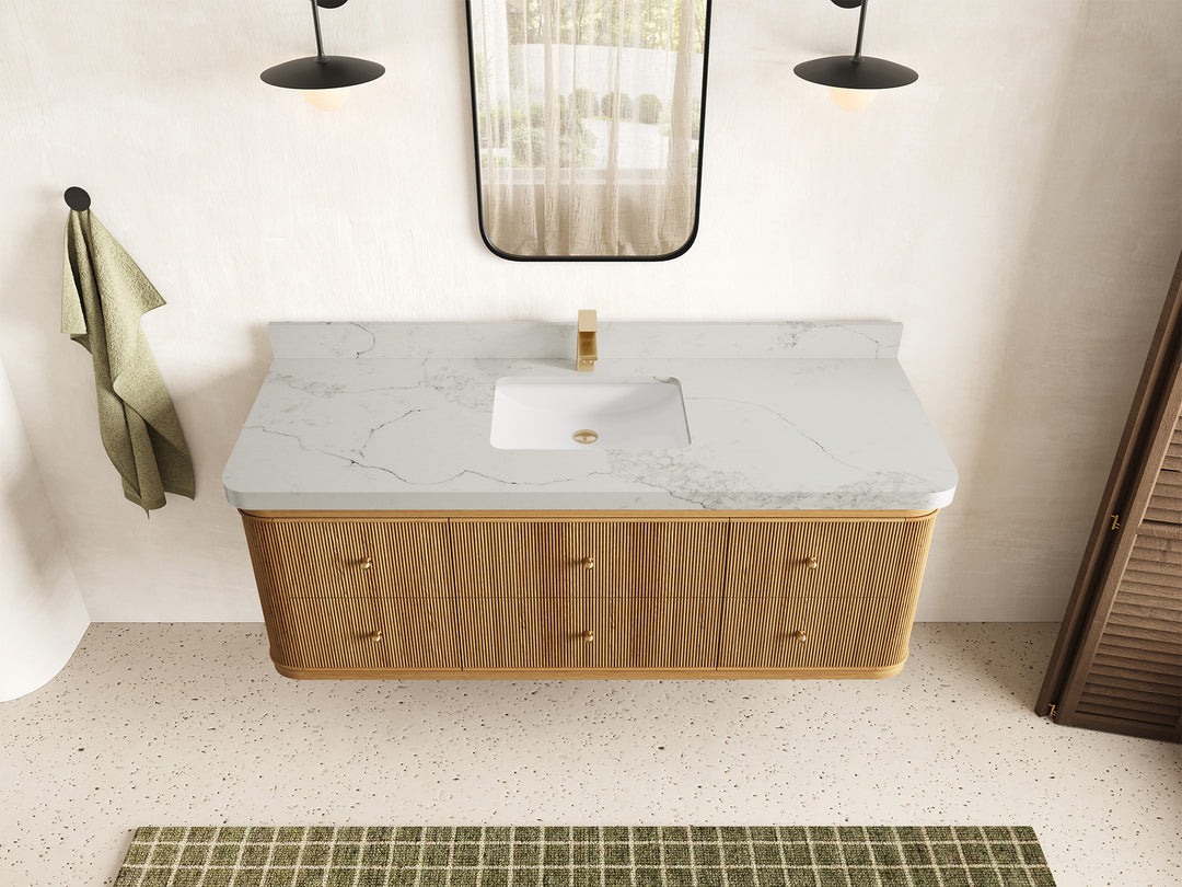 Hampton Floating Teak 60 in. W x 22 in. D Single Sink Bathroom Vanity in Light Natural with 2 in Calacatta Nuvo Quartz Countertop - Top View