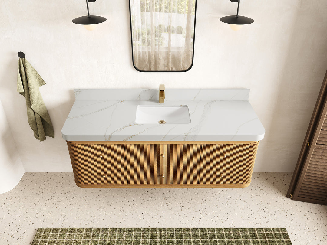 Hampton Floating Teak 60 in. W x 22 in. D Single Sink Bathroom Vanity in Light Natural with 2 in Calacatta Sienna Quartz Countertop - Top View