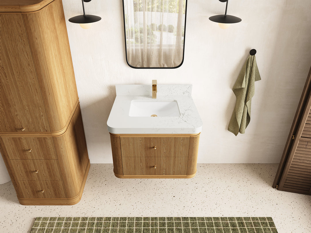 Hampton Floating Teak 30 in. W x 22 in. D Single Sink Bathroom Vanity in Light Natural with 2 in Empira White Quartz Countertop - Top View
