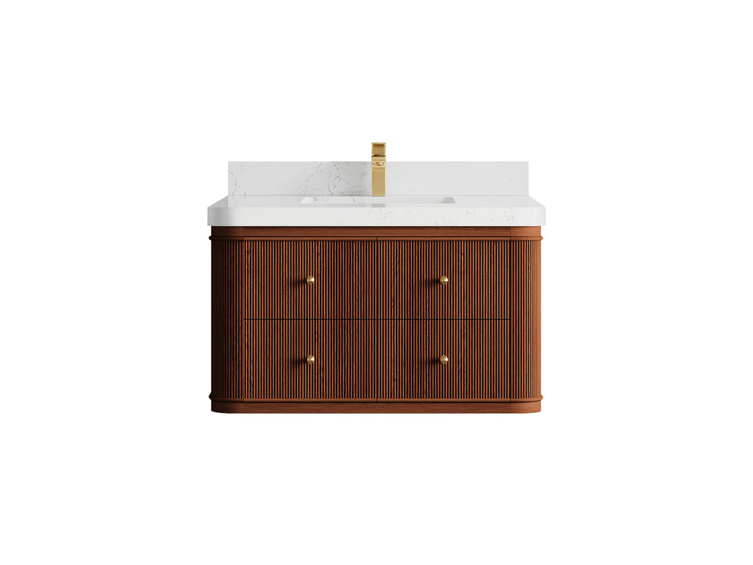 Hampton Floating Teak 36 in. W x 22 in. D Single Sink Bathroom Vanity in Dark Natural with 2 in Empira White Quartz Countertop