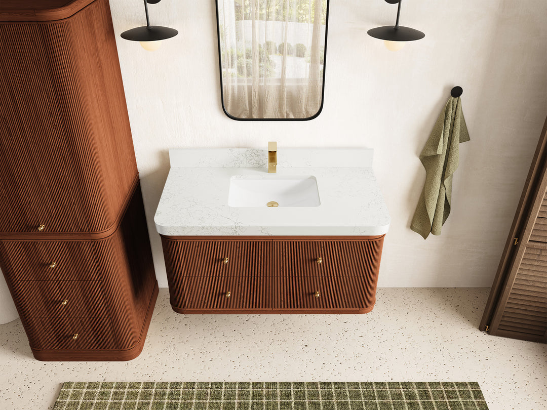 Hampton Floating Teak 42 in. W x 22 in. D Single Sink Bathroom Vanity in Dark Natural with 2 in Empira White Quartz Countertop - Top View