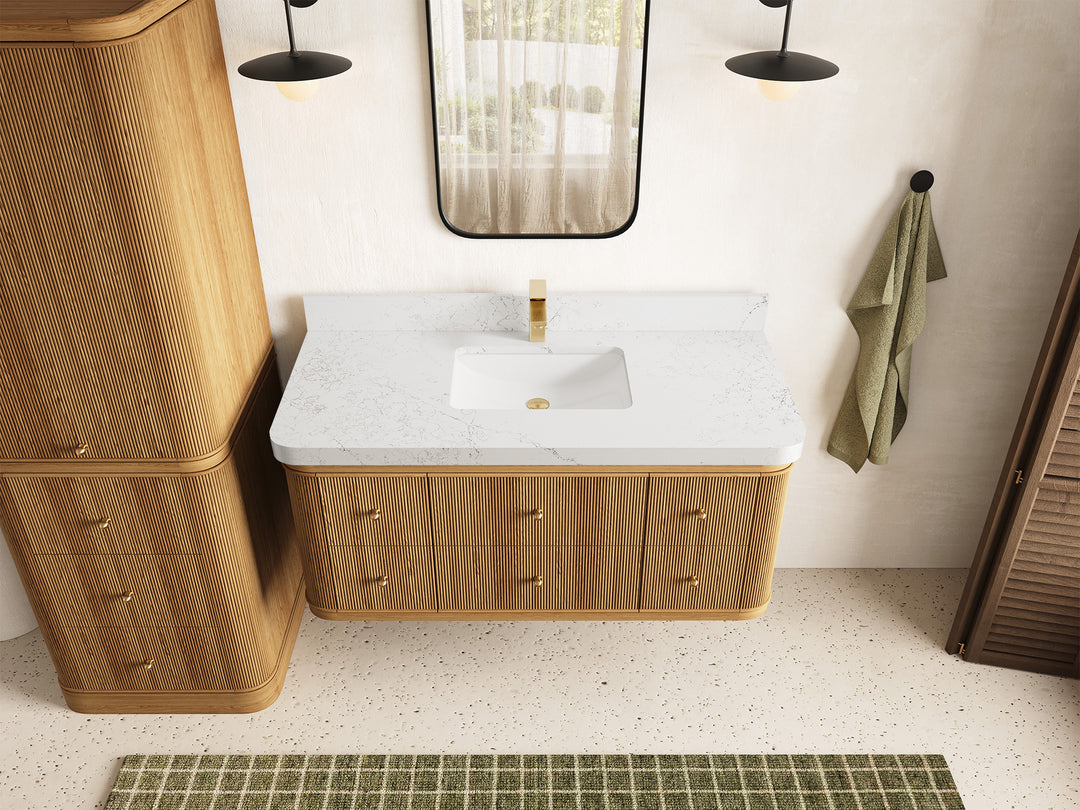 Hampton Floating Teak 48 in. W x 22 in. D Single Sink Bathroom Vanity in Light Natural with 2 in Empira White Quartz Countertop - Top View