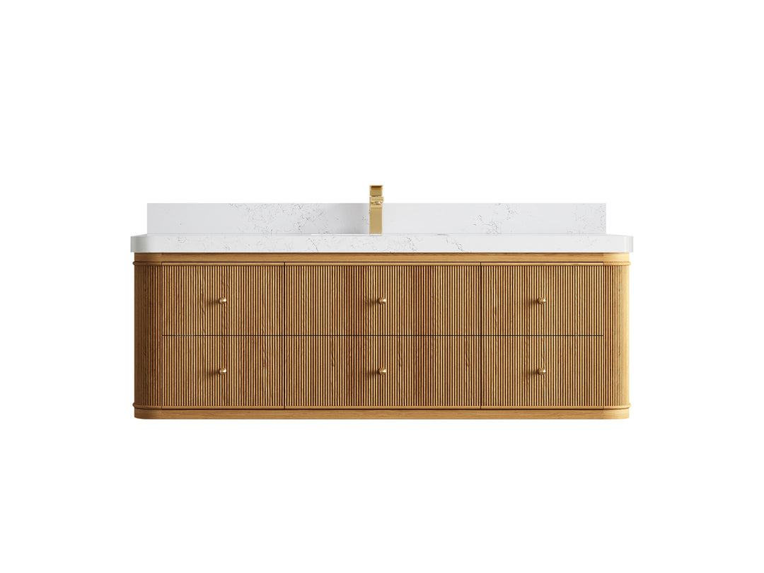 Hampton Floating Teak 60 in. W x 22 in. D Single Sink Bathroom Vanity in Light Natural with 2 in Empira White Quartz Countertop