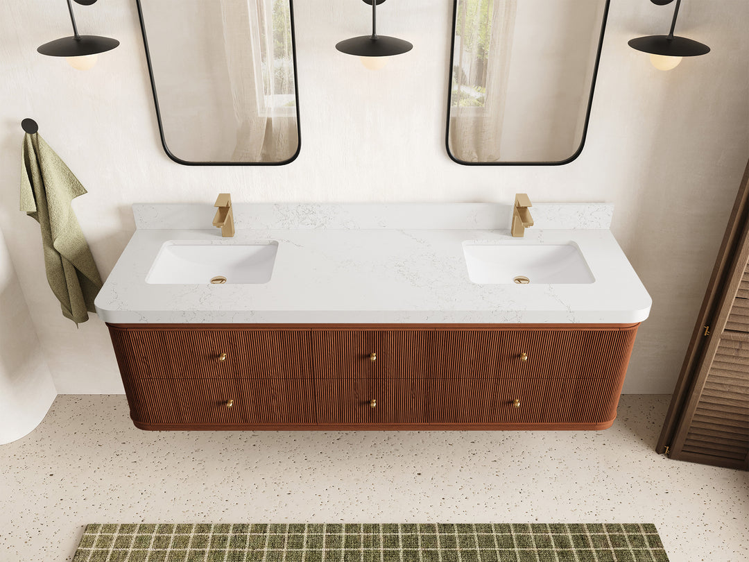 Hampton Floating Teak 72 in. W x 22 in. D Double Sink Bathroom Vanity in Dark Natural with 2 in Empira White Quartz Countertop - Top View