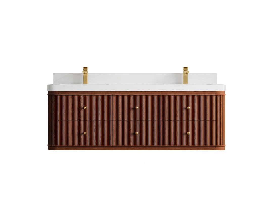 Hampton Floating Teak 60 in. W x 22 in. D Double Sink Bathroom Vanity in Dark Natural with 2 in White Quartz Countertop