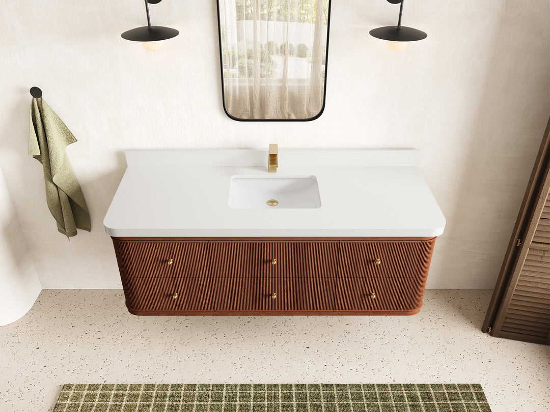 Hampton Floating Teak 60 in. W x 22 in. D Single Sink Bathroom Vanity in Dark Natural with 2 in White Quartz Countertop - Top View