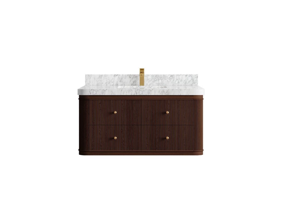 Hampton Floating Teak 42 in. W x 22 in. D Single Sink Bathroom Vanity in Dark Walnut with 2 in Carrara Marble Countertop