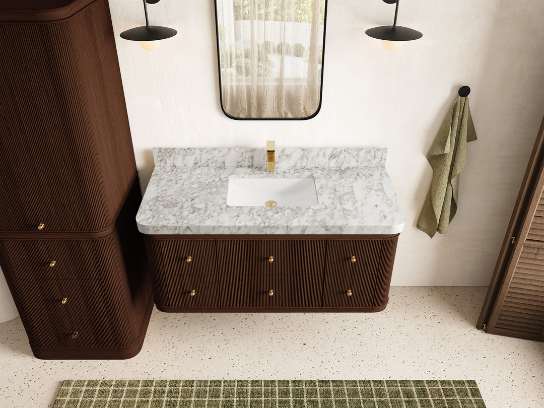 Hampton Floating Teak 48 in. W x 22 in. D Single Sink Bathroom Vanity in Dark Walnut with 2 in Carrara Marble Countertop - Top View