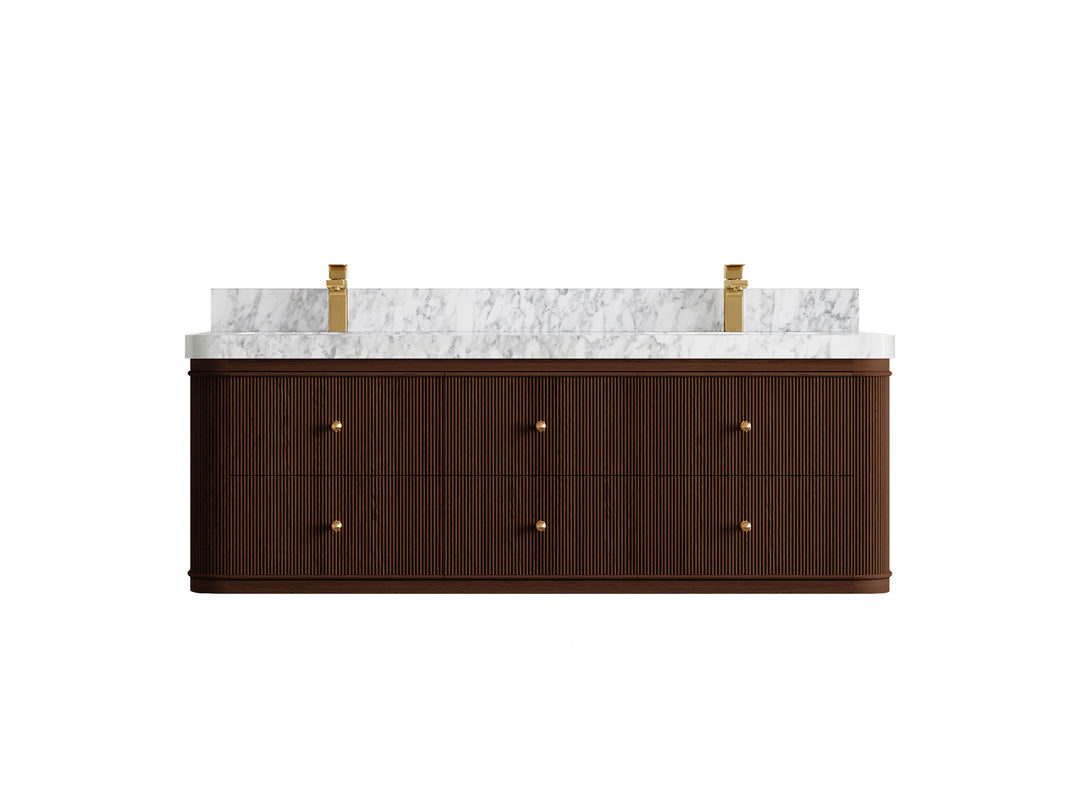 Hampton Floating Teak 60 in. W x 22 in. D Double Sink Bathroom Vanity in Dark Walnut with 2 in Carrara Marble Countertop