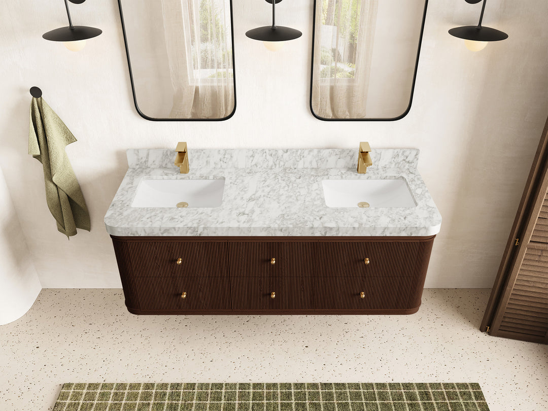 Hampton Floating Teak 60 in. W x 22 in. D Double Sink Bathroom Vanity in Dark Walnut with 2 in Carrara Marble Countertop - Top View