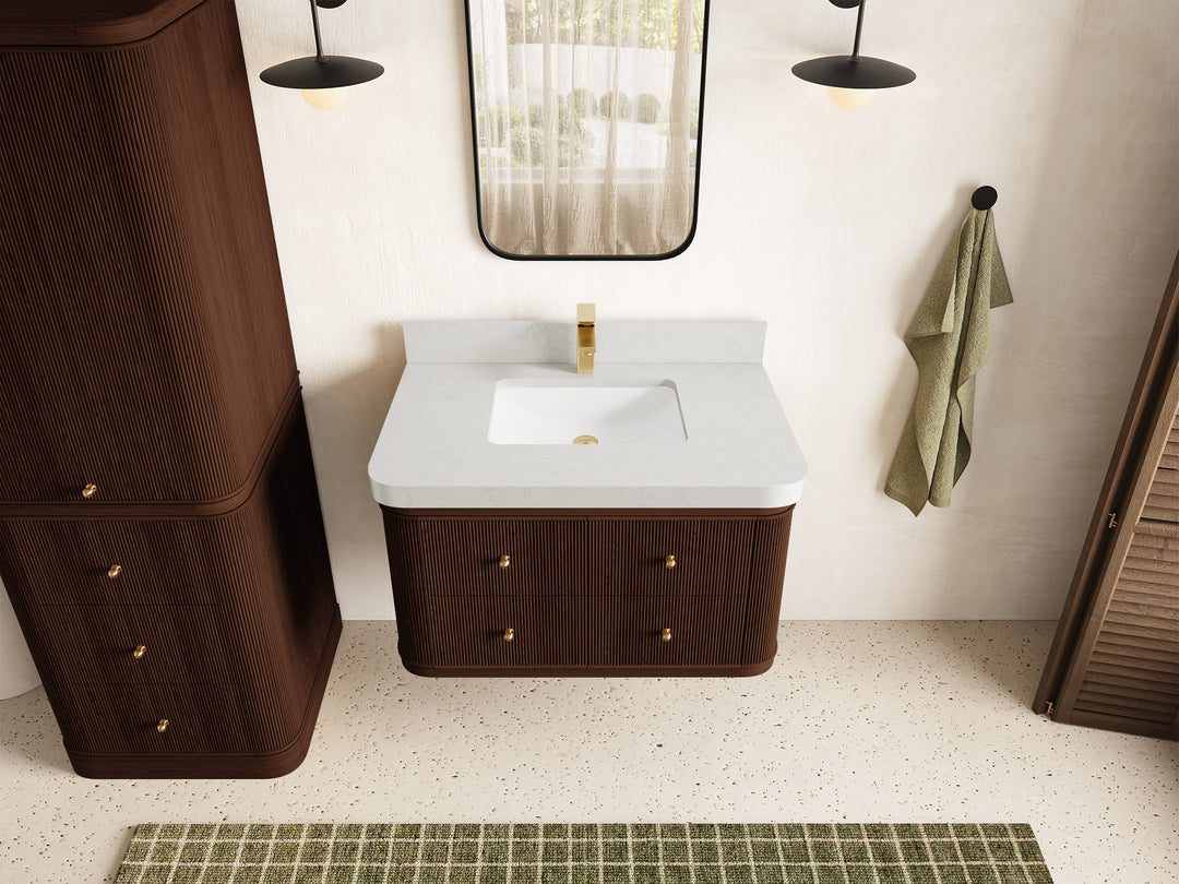 Hampton Floating Teak 36 in. W x 22 in. D Single Sink Bathroom Vanity in Dark Walnut with 2 in Carrara Quartz Countertop - Top View