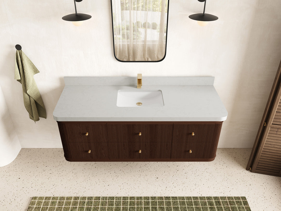 Hampton Floating Teak 60 in. W x 22 in. D Single Sink Bathroom Vanity in Dark Walnut with 2 in Carrara Quartz Countertop - Top View