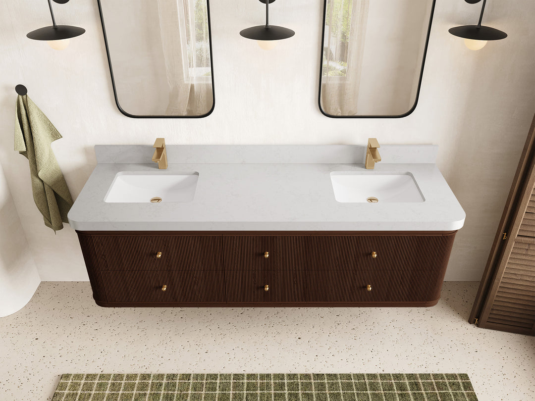 Hampton Floating Teak 72 in. W x 22 in. D Double Sink Bathroom Vanity in Dark Walnut with 2 in Carrara Quartz Countertop - Top View