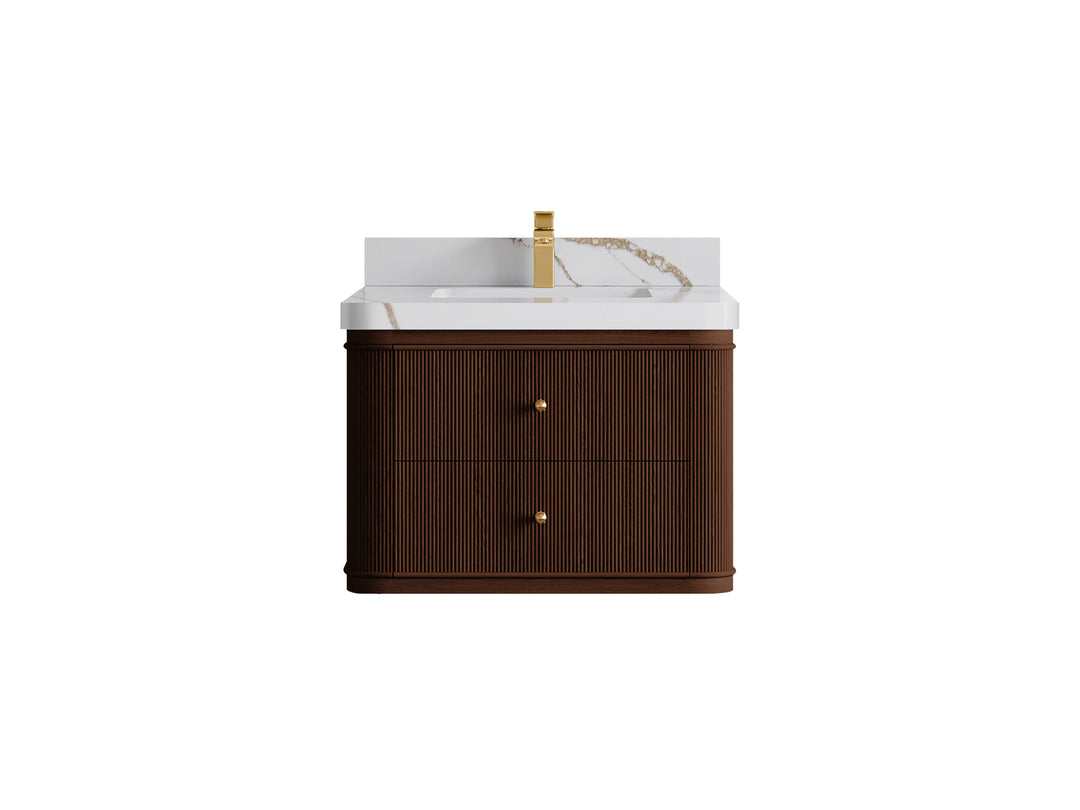 Hampton Floating Teak 30 in. W x 22 in. D Single Sink Bathroom Vanity in Dark Walnut with 2 in Calacatta Gold Quartz Countertop