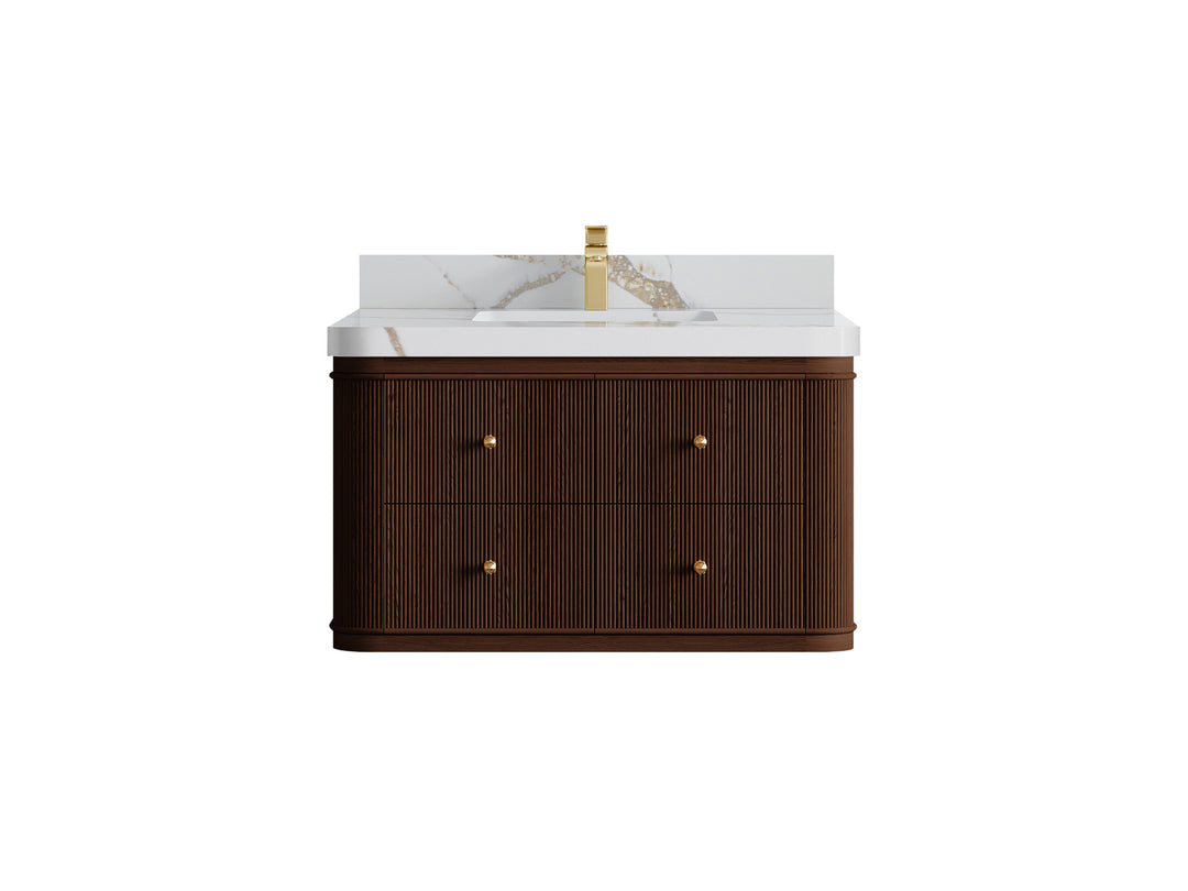 Hampton Floating Teak 36 in. W x 22 in. D Single Sink Bathroom Vanity in Dark Walnut with 2 in Calacatta Gold Quartz Countertop