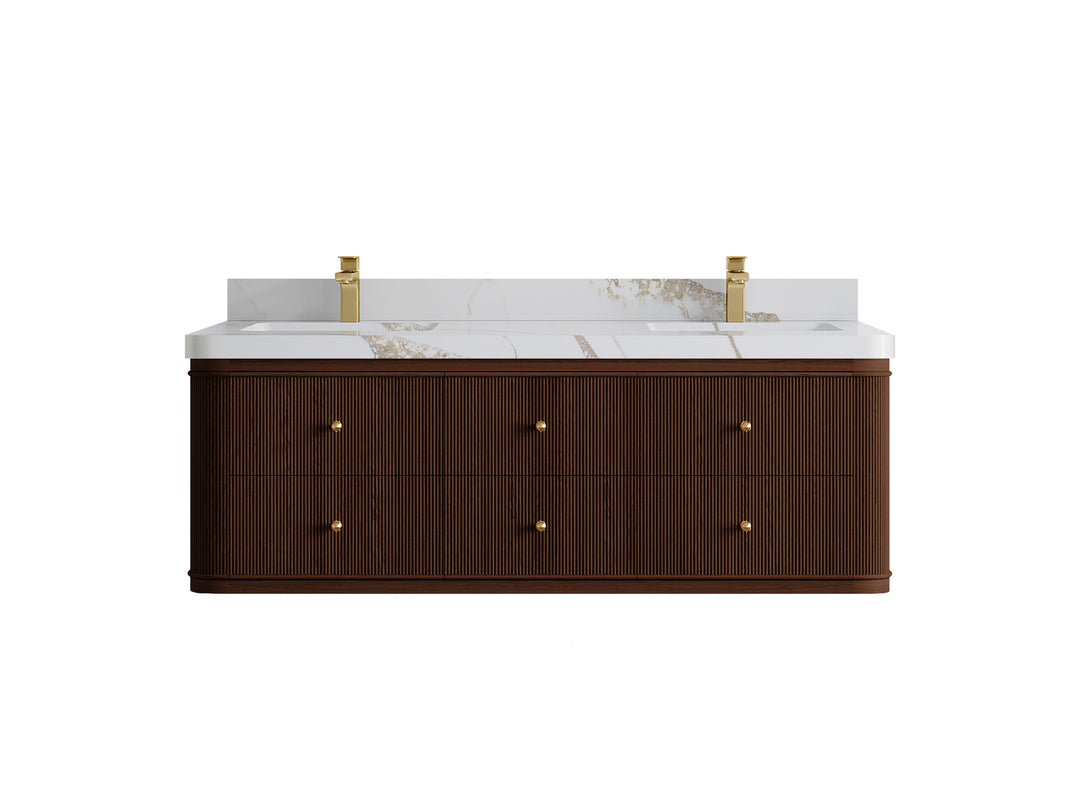 Hampton Floating Teak 60 in. W x 22 in. D Double Sink Bathroom Vanity in Dark Walnut with 2 in Calacatta Gold Quartz Countertop