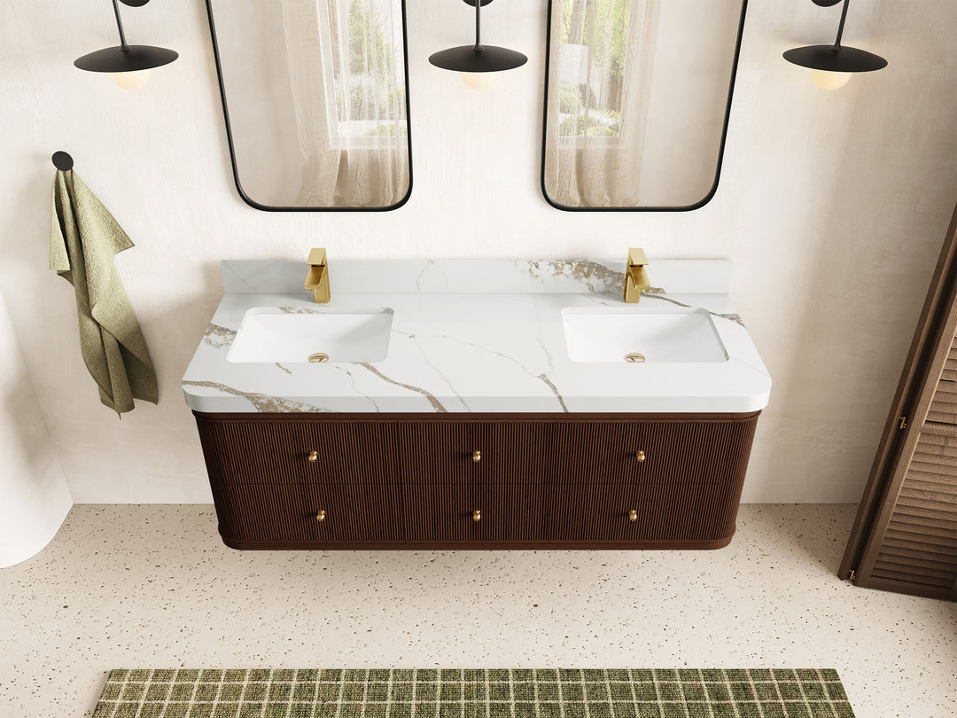 Hampton Floating Teak 60 in. W x 22 in. D Double Sink Bathroom Vanity in Dark Walnut with 2 in Calacatta Gold Quartz Countertop - Top View