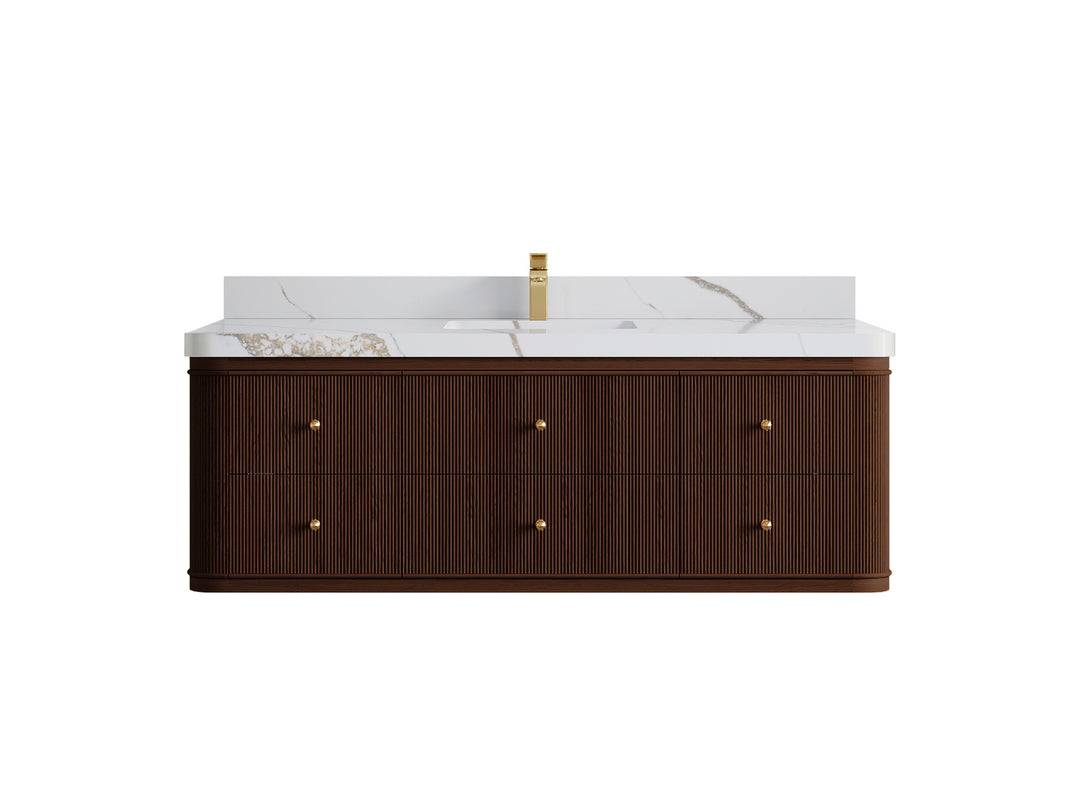 Hampton Floating Teak 60 in. W x 22 in. D Single Sink Bathroom Vanity in Dark Walnut with 2 in Calacatta Gold Quartz Countertop