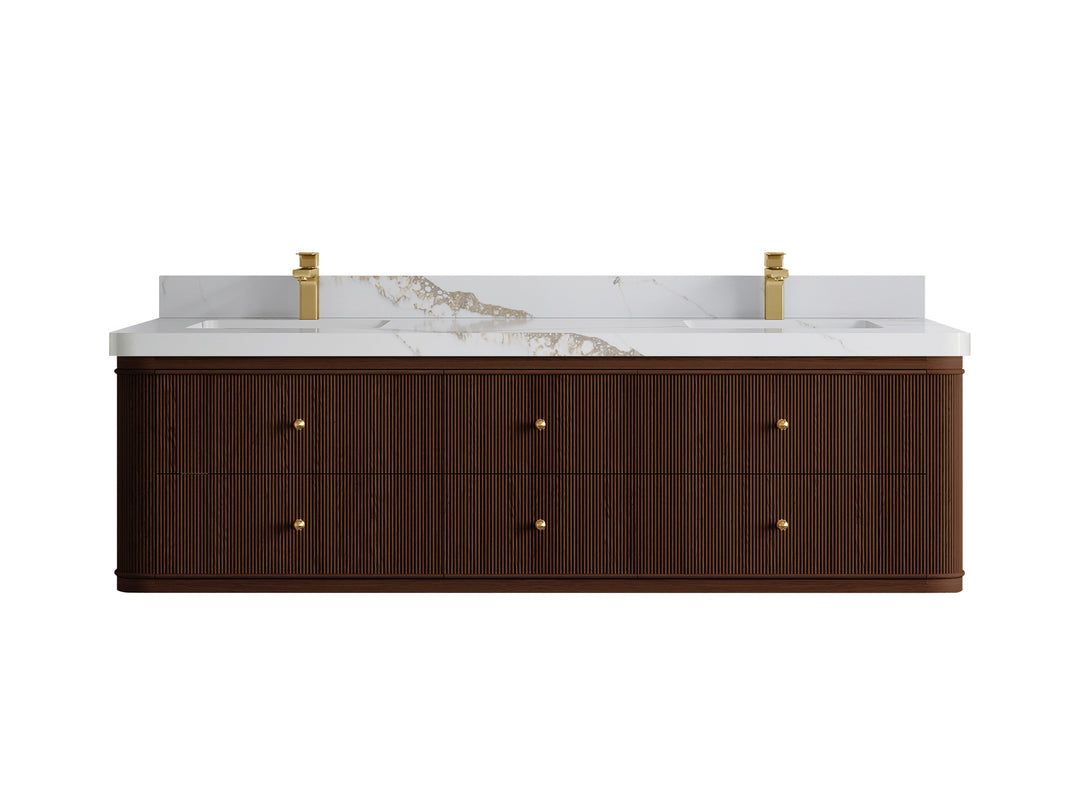 Hampton Floating Teak 72 in. W x 22 in. D Double Sink Bathroom Vanity in Dark Walnut with 2 in Calacatta Gold Quartz Countertop