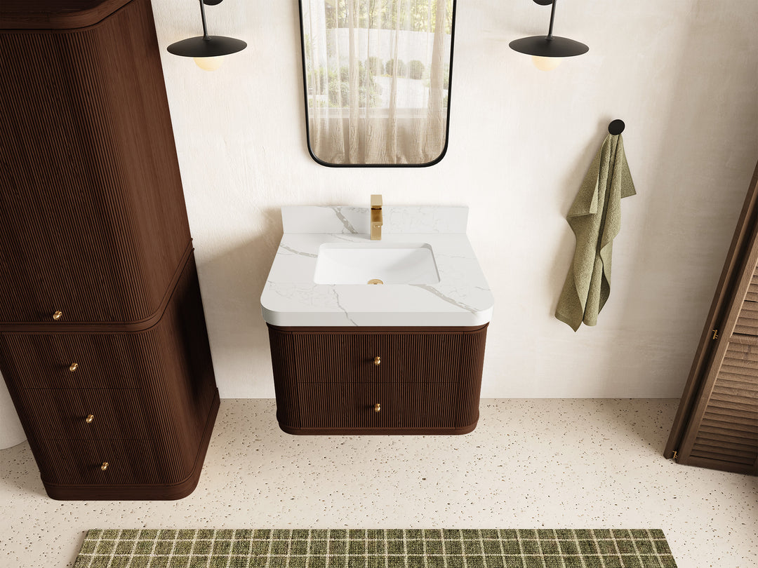 Hampton Floating Teak 30 in. W x 22 in. D Single Sink Bathroom Vanity in Dark Walnut with 2 in Calacatta Laza Quartz Countertop - Top View