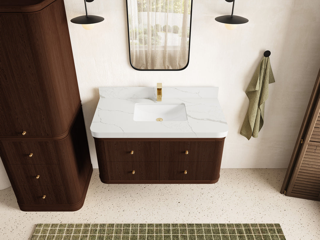 Hampton Floating Teak 42 in. W x 22 in. D Single Sink Bathroom Vanity in Dark Walnut with 2 in Calacatta Laza Quartz Countertop - Top View