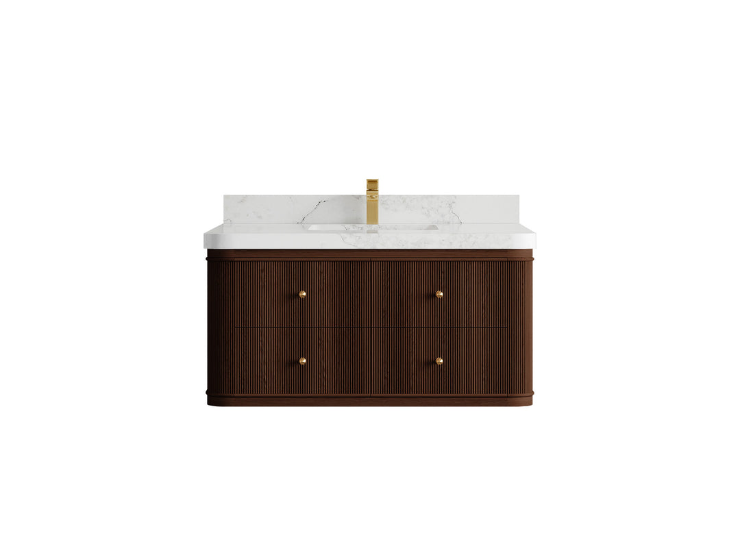 Hampton Floating Teak 42 in. W x 22 in. D Single Sink Bathroom Vanity in Dark Walnut with 2 in Calacatta Nuvo Quartz Countertop