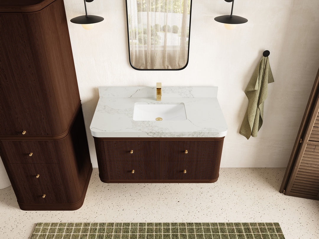 Hampton Floating Teak 42 in. W x 22 in. D Single Sink Bathroom Vanity in Dark Walnut with 2 in Calacatta Nuvo Quartz Countertop - Top View