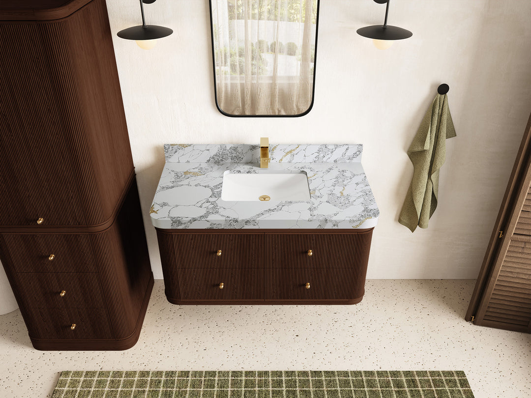 Hampton Floating Teak 42 in. W x 22 in. D Single Sink Bathroom Vanity in Dark Walnut with 2 in Calacatta Poanazzo Quartz Countertop - Top View