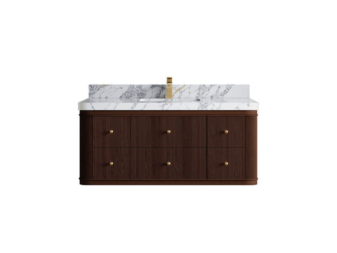 Hampton Floating Teak 48 in. W x 22 in. D Single Sink Bathroom Vanity in Dark Walnut with 2 in Calacatta Poanazzo Quartz Countertop