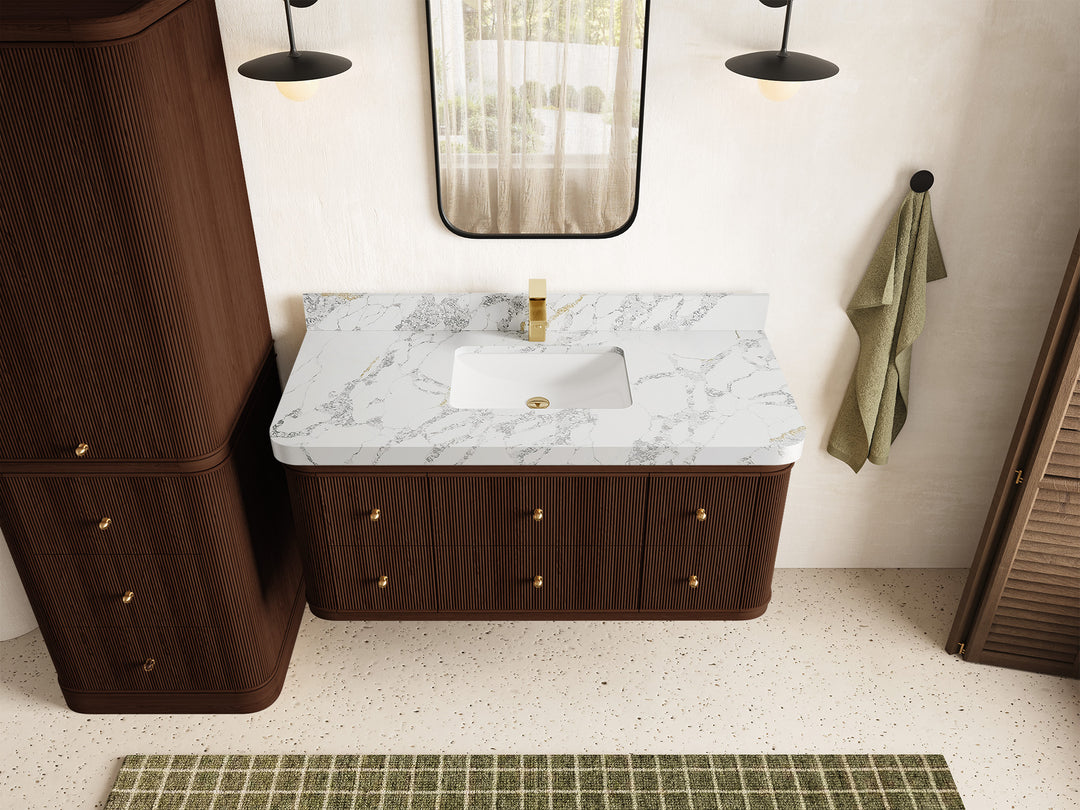 Hampton Floating Teak 48 in. W x 22 in. D Single Sink Bathroom Vanity in Dark Walnut with 2 in Calacatta Poanazzo Quartz Countertop - Top View