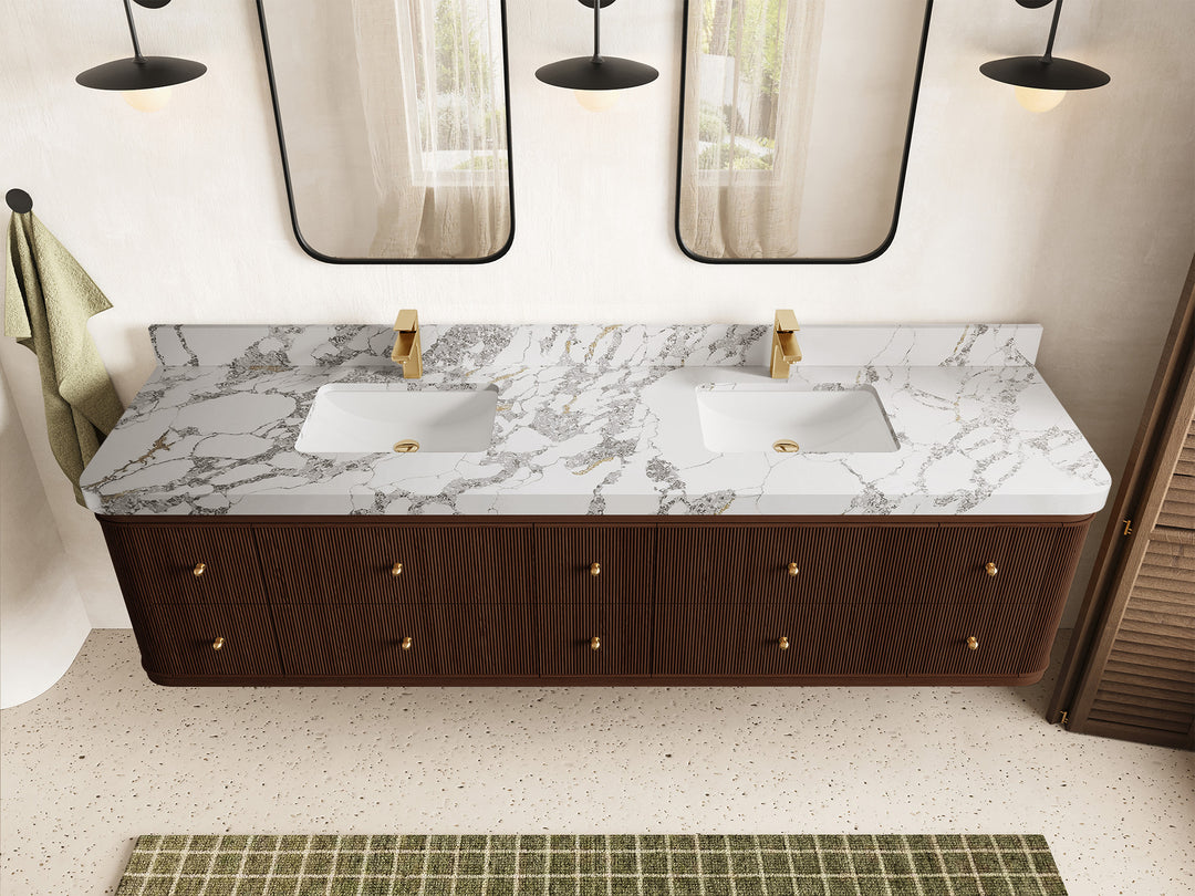 Hampton Floating Teak 84 in. W x 22 in. D Double Sink Bathroom Vanity (Dark Walnut)