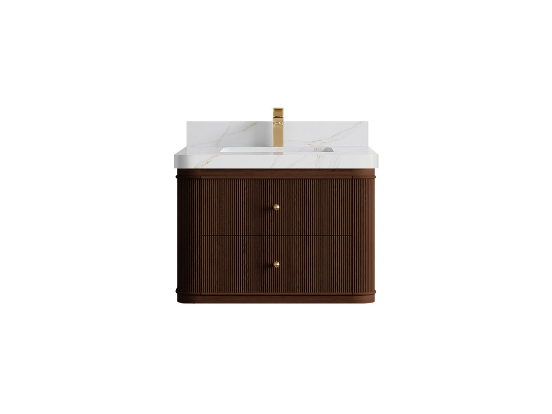 Hampton Floating Teak 30 in. W x 22 in. D Single Sink Bathroom Vanity in Dark Walnut with 2 in Calacatta Sienna Quartz Countertop