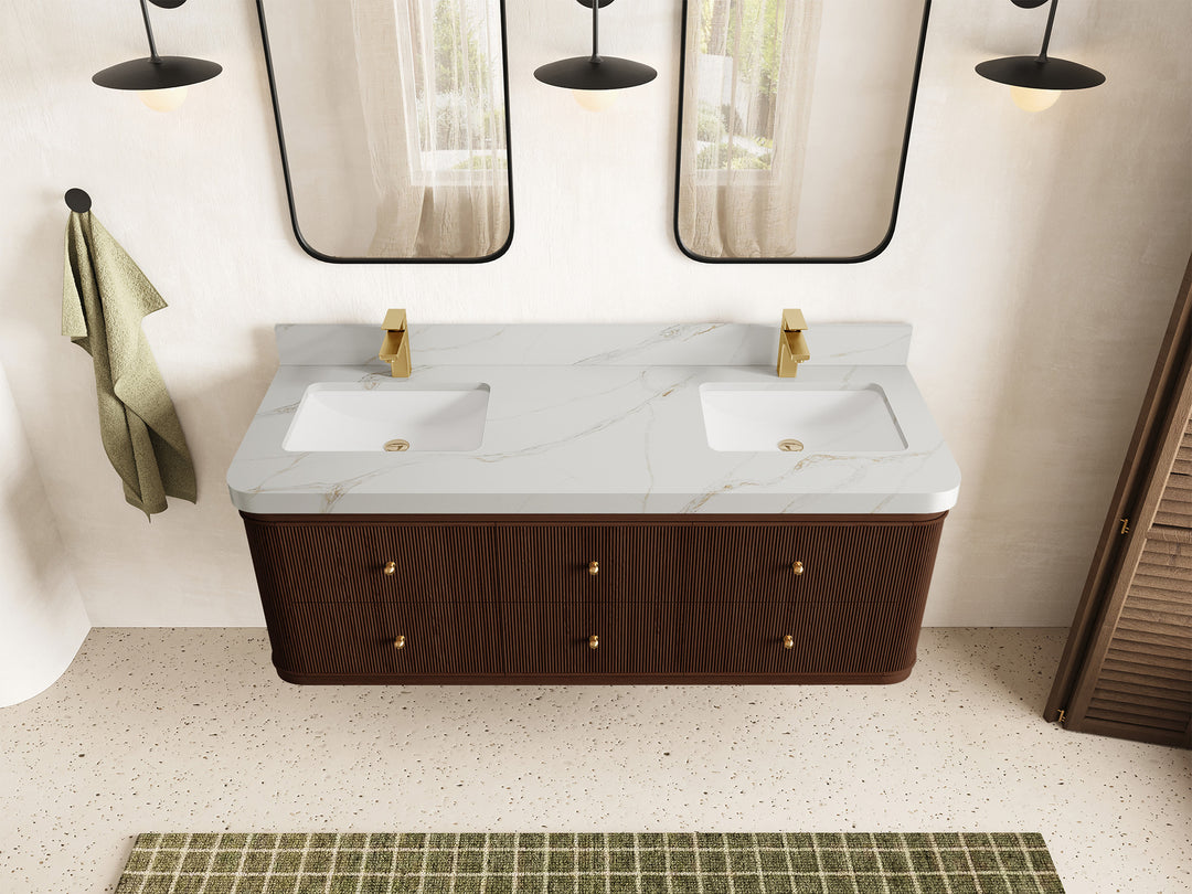 Hampton Floating Teak 60 in. W x 22 in. D Double Sink Bathroom Vanity in Dark Walnut with 2 in Calacatta Sienna Quartz Countertop - Top View