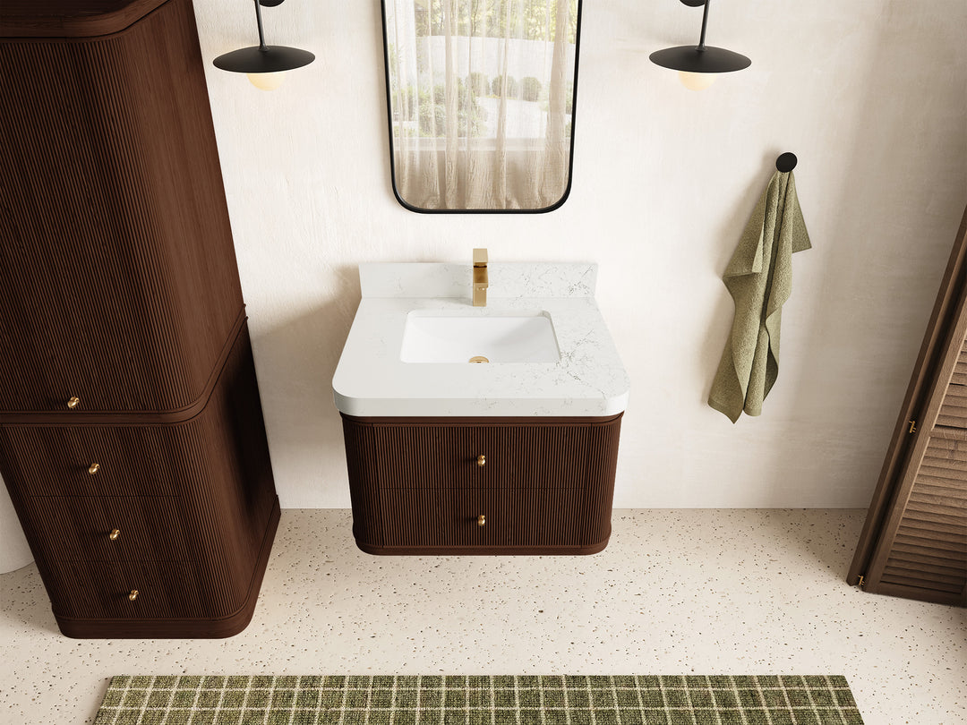 Hampton Floating Teak 30 in. W x 22 in. D Single Sink Bathroom Vanity in Dark Walnut with 2 in Empira White Quartz Countertop - Top View