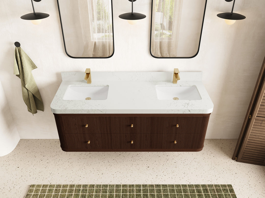 Hampton Floating Teak 60 in. W x 22 in. D Double Sink Bathroom Vanity in Dark Walnut with 2 in Empira White Quartz Countertop - Top View
