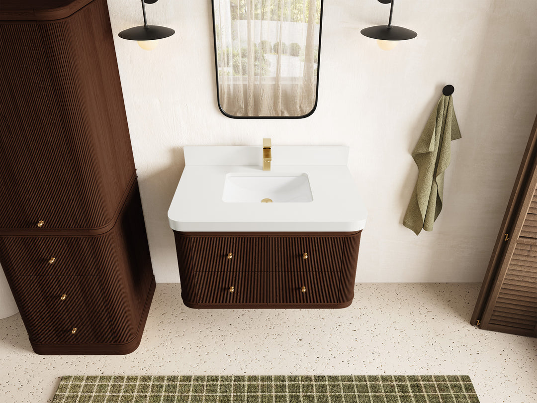 Hampton Floating Teak 36 in. W x 22 in. D Single Sink Bathroom Vanity in Dark Walnut with 2 in White Quartz Countertop - Top View