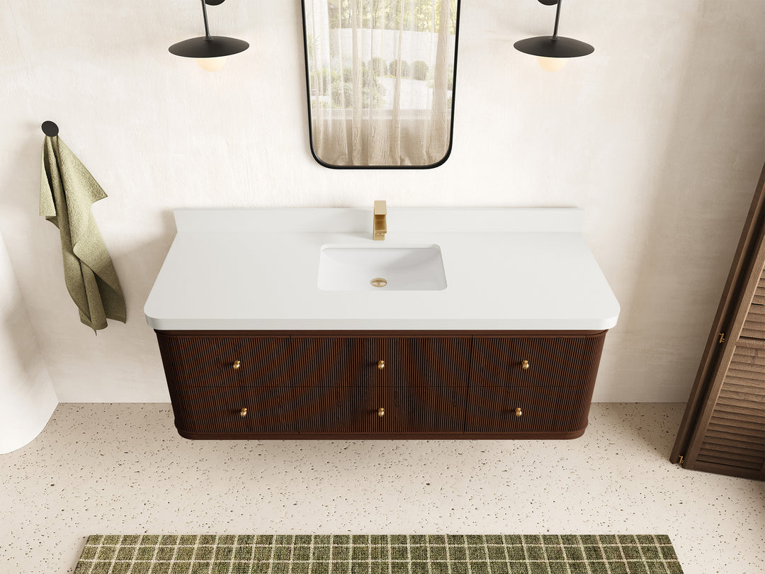 Hampton Floating Teak 60 in. W x 22 in. D Single Sink Bathroom Vanity in Dark Walnut with 2 in White Quartz Countertop - Top View