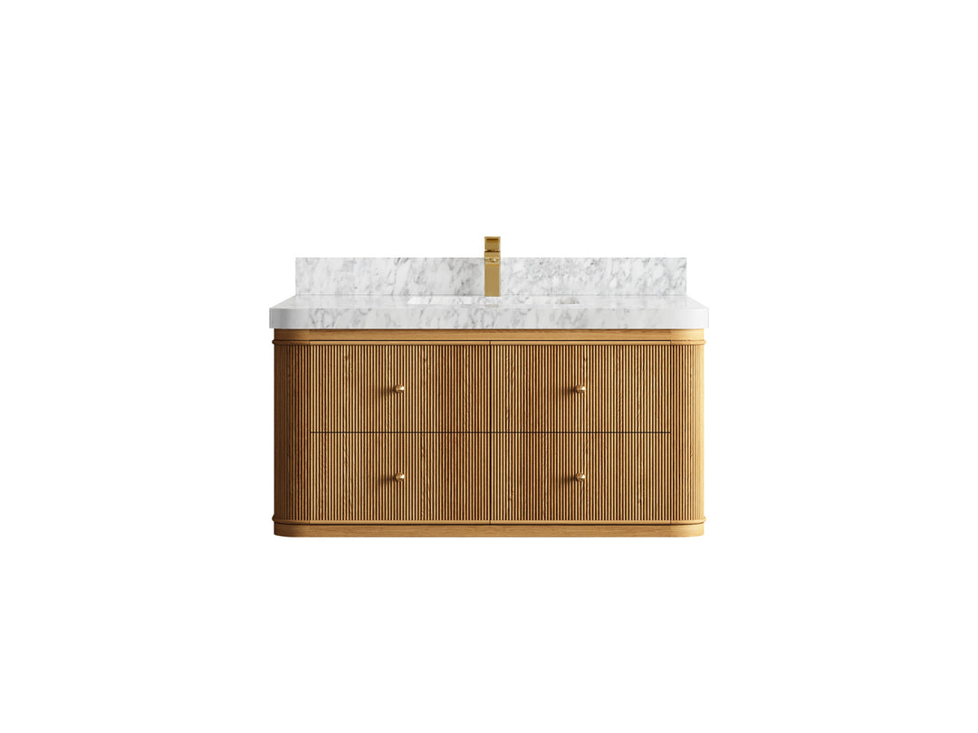 Hampton Floating Teak 42 in. W x 22 in. D Single Sink Bathroom Vanity in Light Natural with 2 in Carrara Marble Countertop