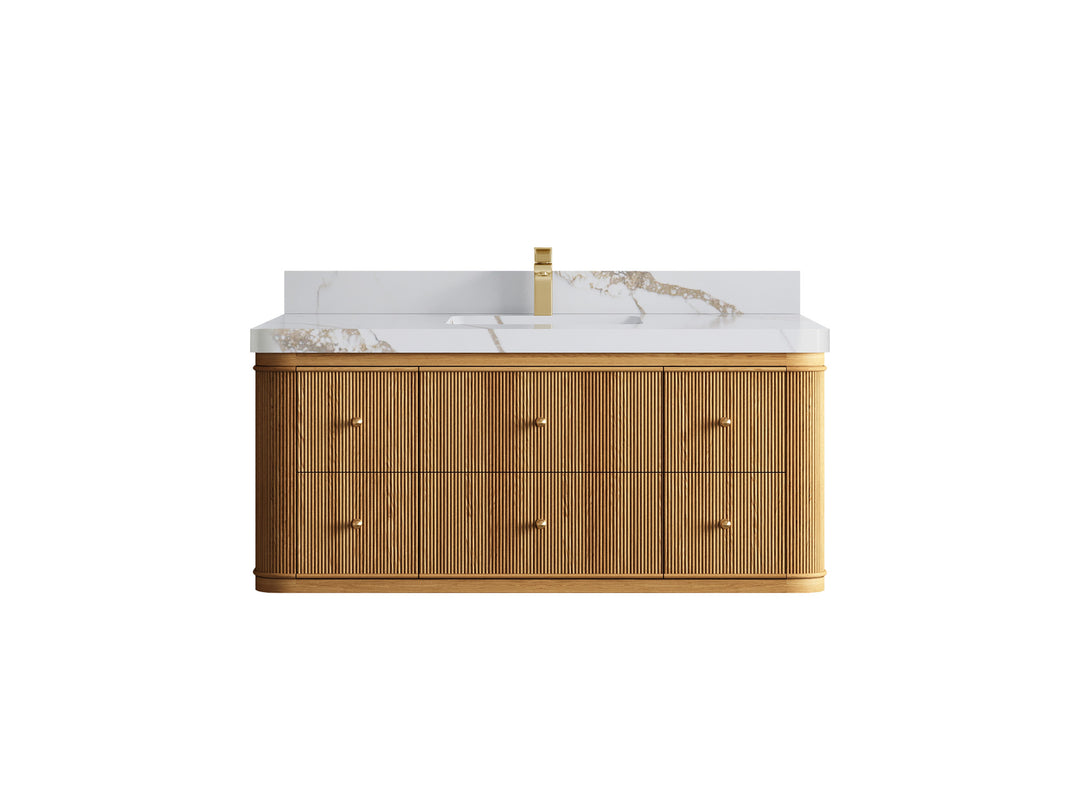 Hampton Floating Teak 48 in. W x 22 in. D Single Sink Bathroom Vanity in Light Natural with 2 in Calacatta Gold Quartz Countertop