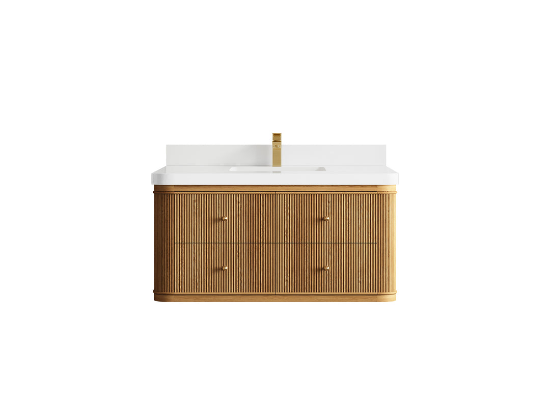 Hampton Floating Teak 42 in. W x 22 in. D Single Sink Bathroom Vanity in Light Natural with 2 in White Quartz Countertop