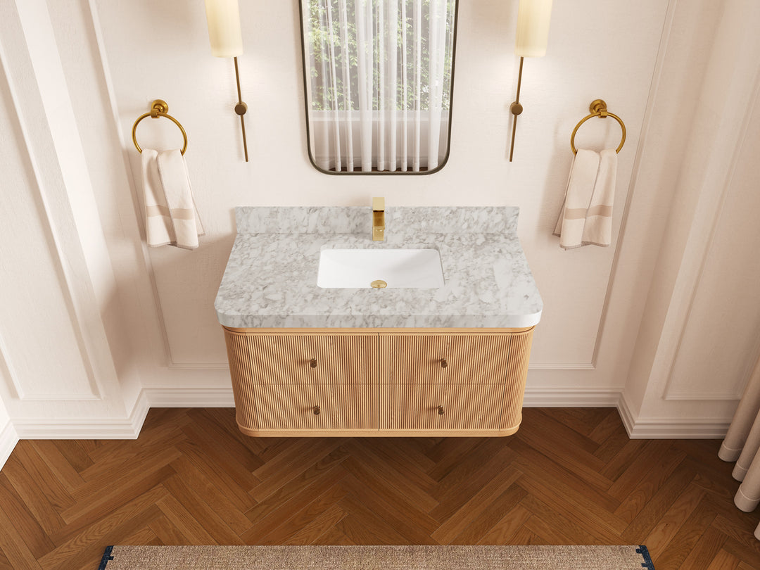 Hampton Floating White Oak 42 in. W x 22 in. D Single Sink Bathroom Vanity with 2 in Carrara Marble Countertop - Top View
