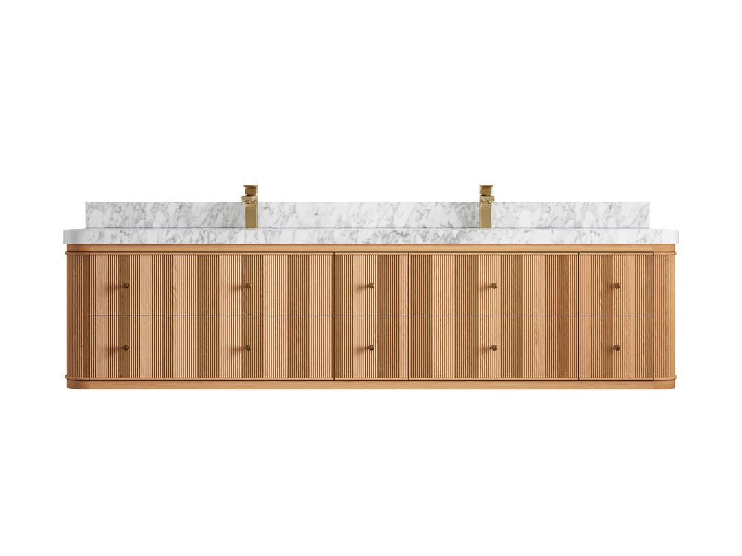 Hampton Floating White Oak 84 in. W x 22 in. D Double Sink Bathroom Vanity with 2 in Carrara Marble Countertop