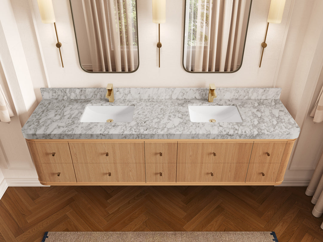 Hampton Floating White Oak 84 in. W x 22 in. D Double Sink Bathroom Vanity with 2 in Carrara Marble Countertop - Top View