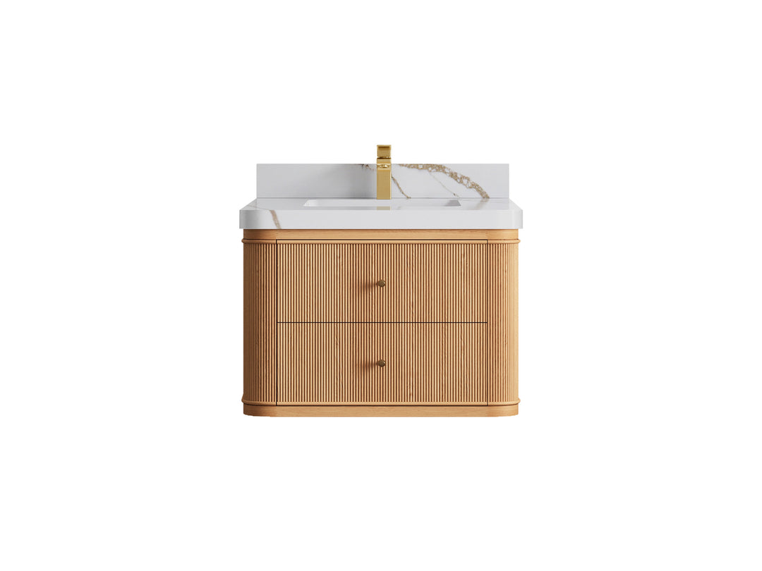 Hampton Floating White Oak 30 in. W x 22 in. D Single Sink Bathroom Vanity with 2 in Calacatta Gold Quartz Countertop