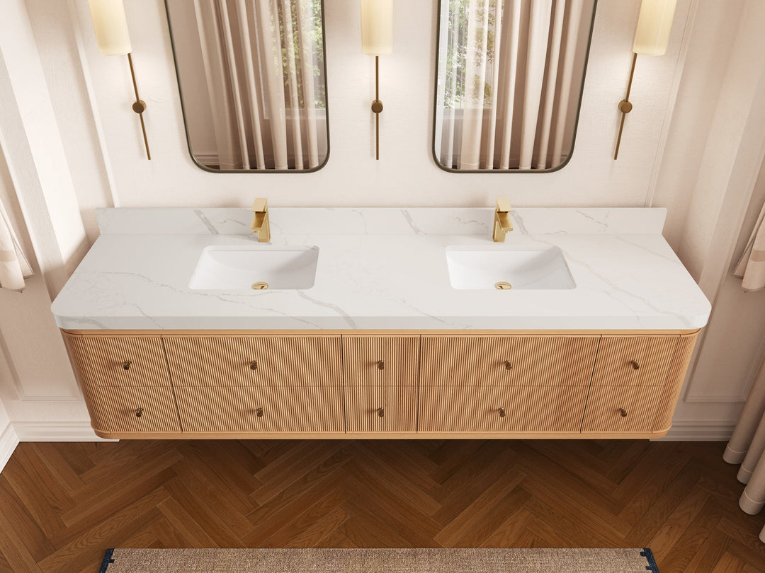 Hampton Floating White Oak 84 in. W x 22 in. D Double Sink Bathroom Vanity with 2 in Calacatta Laza Quartz Countertop - Top View