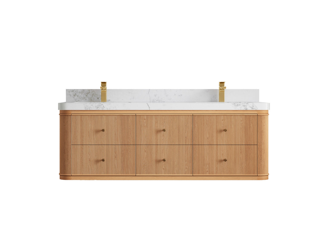 Hampton Floating White Oak 60 in. W x 22 in. D Double Sink Bathroom Vanity with 2 in Calacatta Nuvo Quartz Countertop